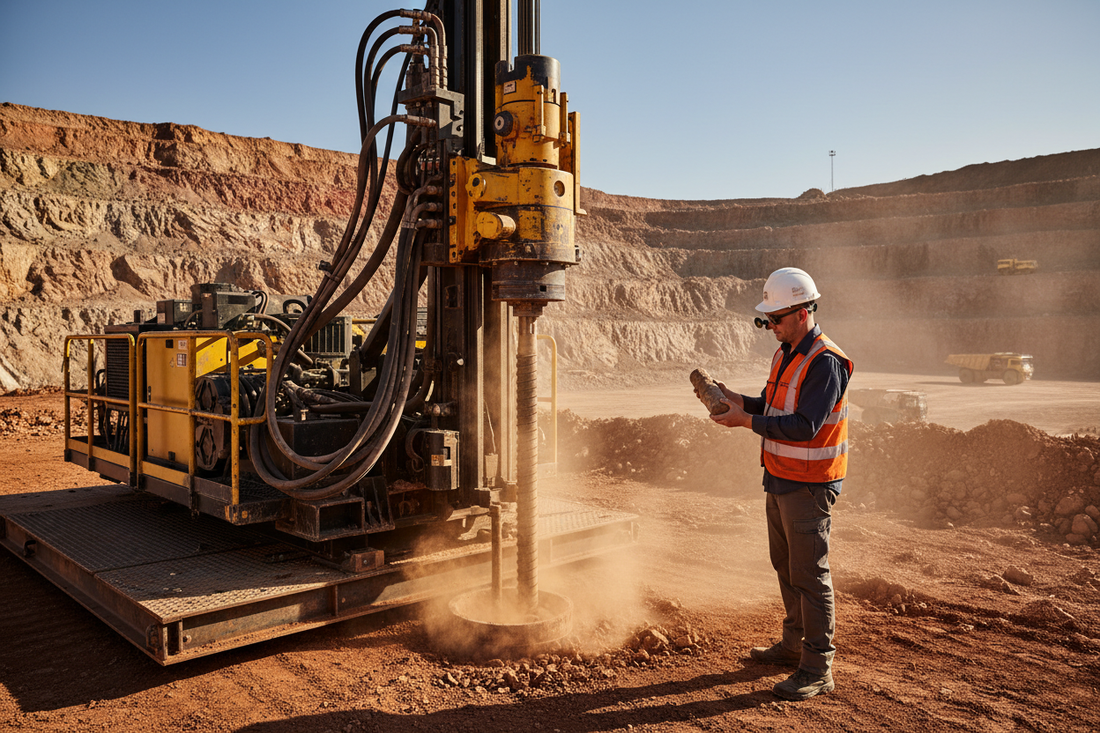 Hydraulic core drilling machine for mining with geologist examining rock core sample at exploration site