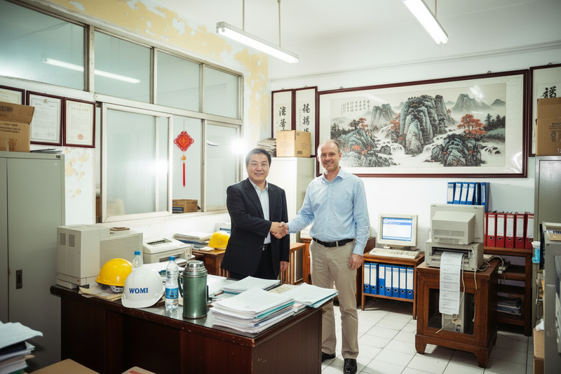 A photo of the founder of Womi Heavy Industry with foreign clients in 2001.